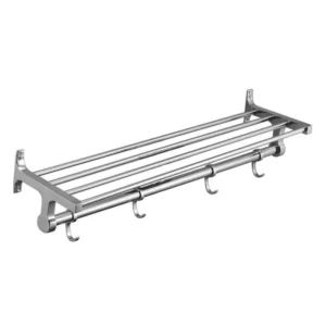 Stainless Steel Bathroom Towel Rack with Shelf & Hooks (Wall Mounted)